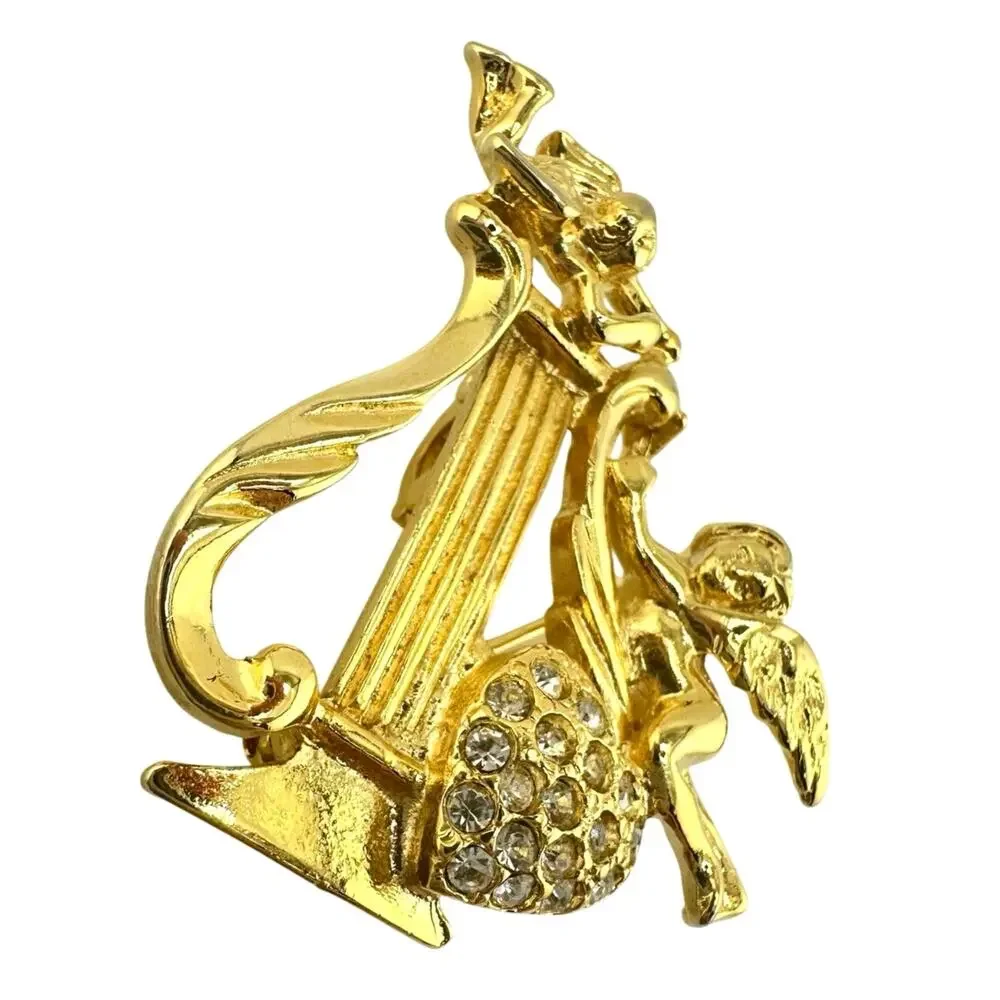 Premier Designs Cherub Angels Harp Heart Rhinestone Gold Tone Converter Brooch